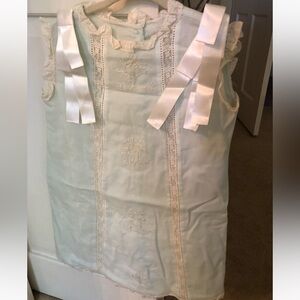 Elegant French Hand-sewn Lace Trimmed Sleeveless Mint Green and Ivory Dress